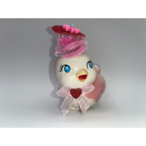 Vintage Pink Ceramic Bird Valentines Day Pink Flower Princess Heart Hat OMG OOAK - Picture 6 of 16